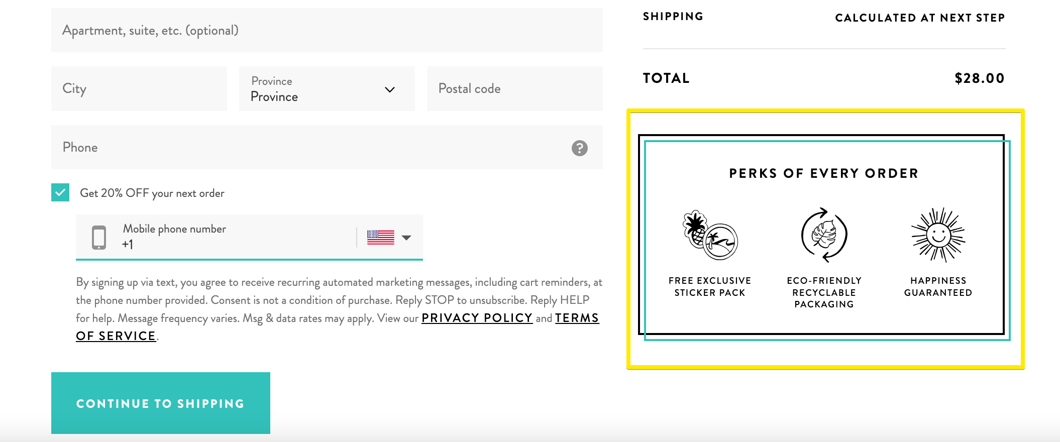 Brand perks mentioned on the checkout page