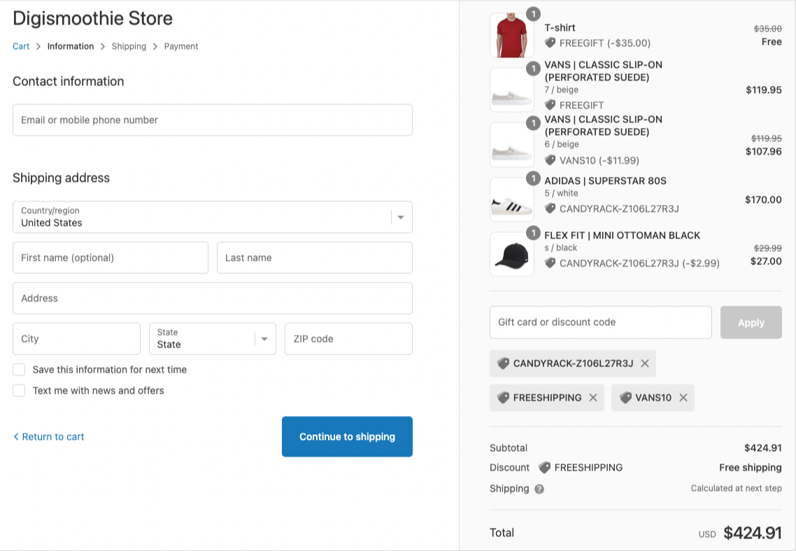 Example of Shopify checkout with four different discount codes