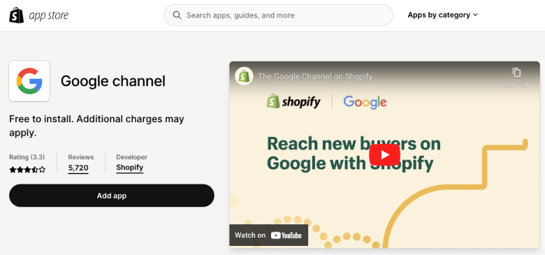 Google Channel listing on the Shopify App Store