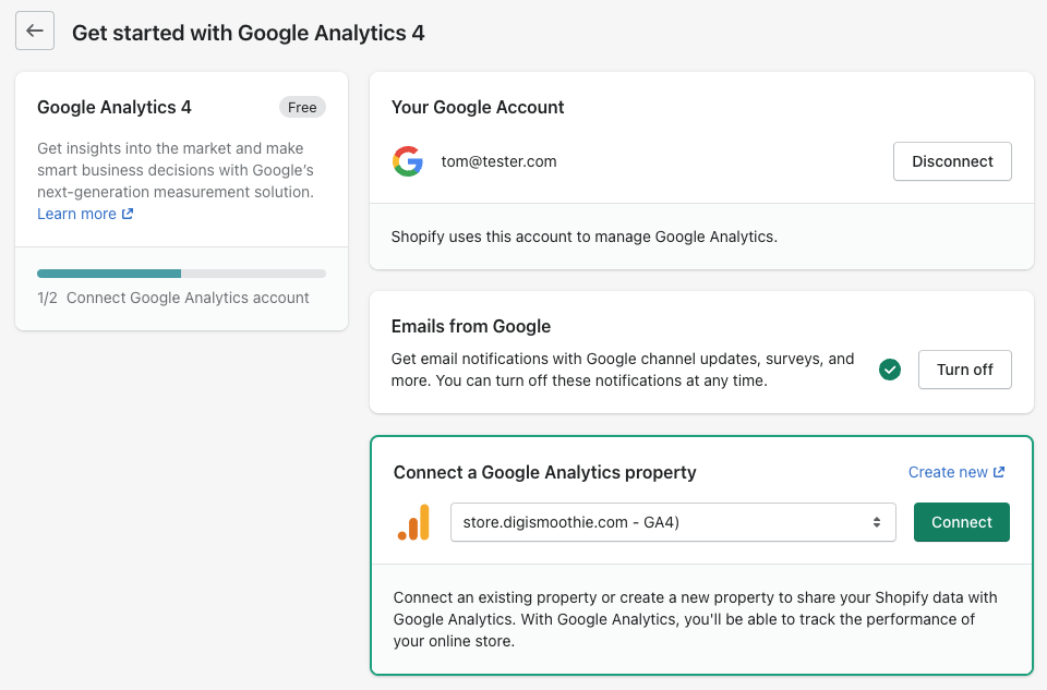 Connecting GA property with Shopify store data