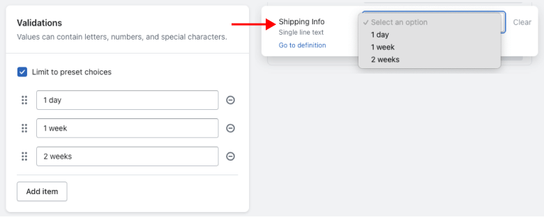 Limiting metafield options to preset choices