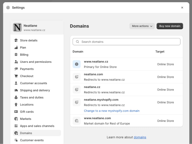 Overview of the Shopify domains including Shopify-managed one