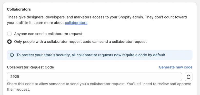 Finding the collaborator request code in store admin