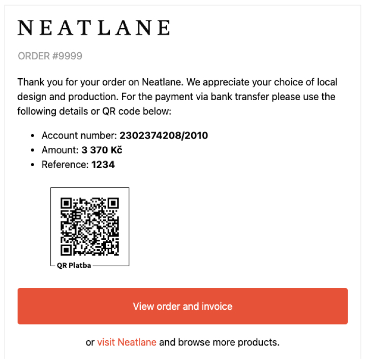 A QR code payment displayed in the order confirmation e-mail