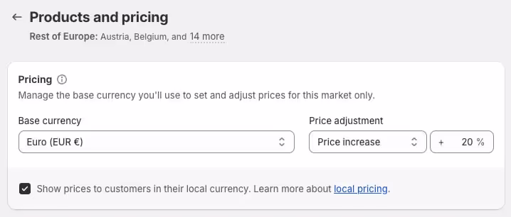 Setting base currency for different markets