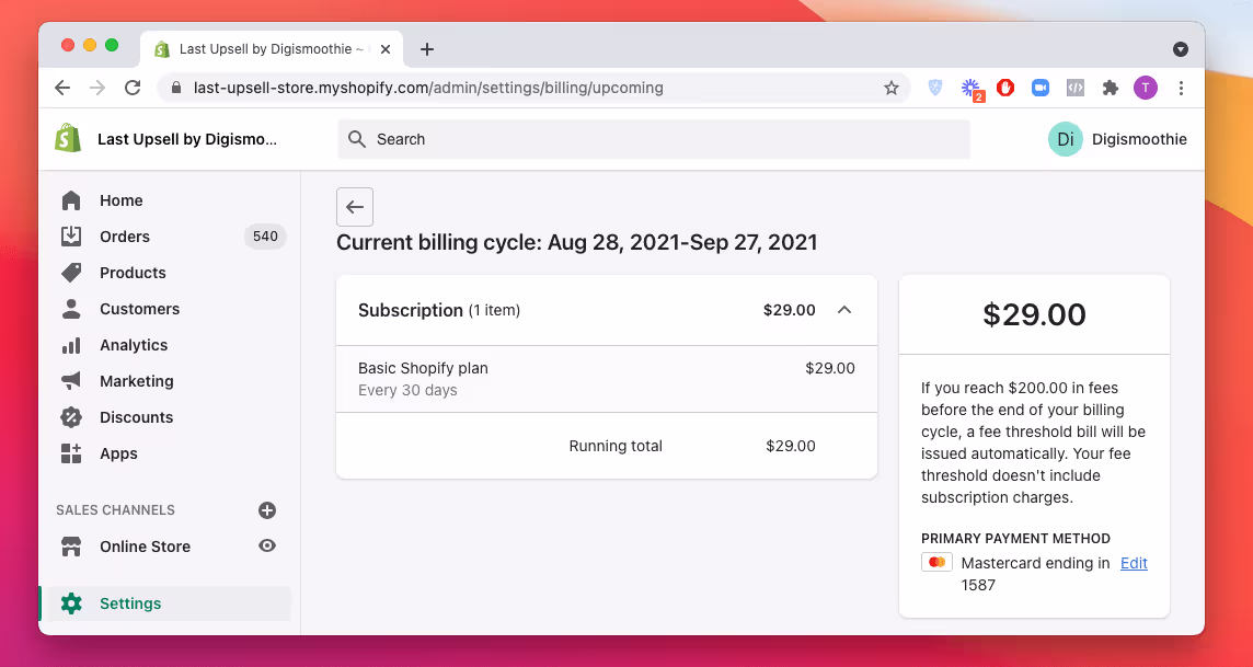 Shopify billing example in USD currency