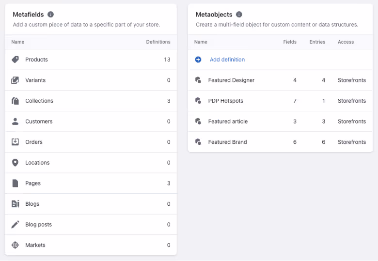 Custom data section in Shopify including metafields and metaobjects