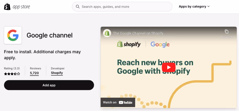 Google Channel listing on the Shopify App Store