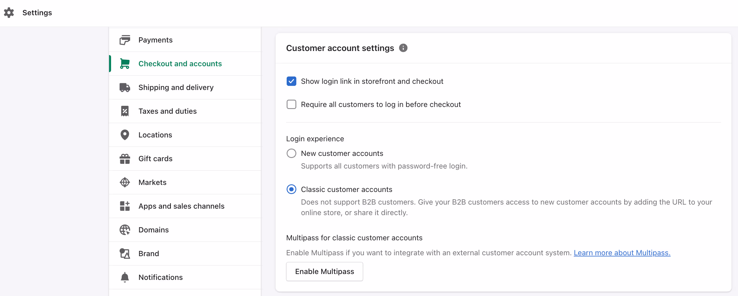 Shopify checkout settings: customer login
