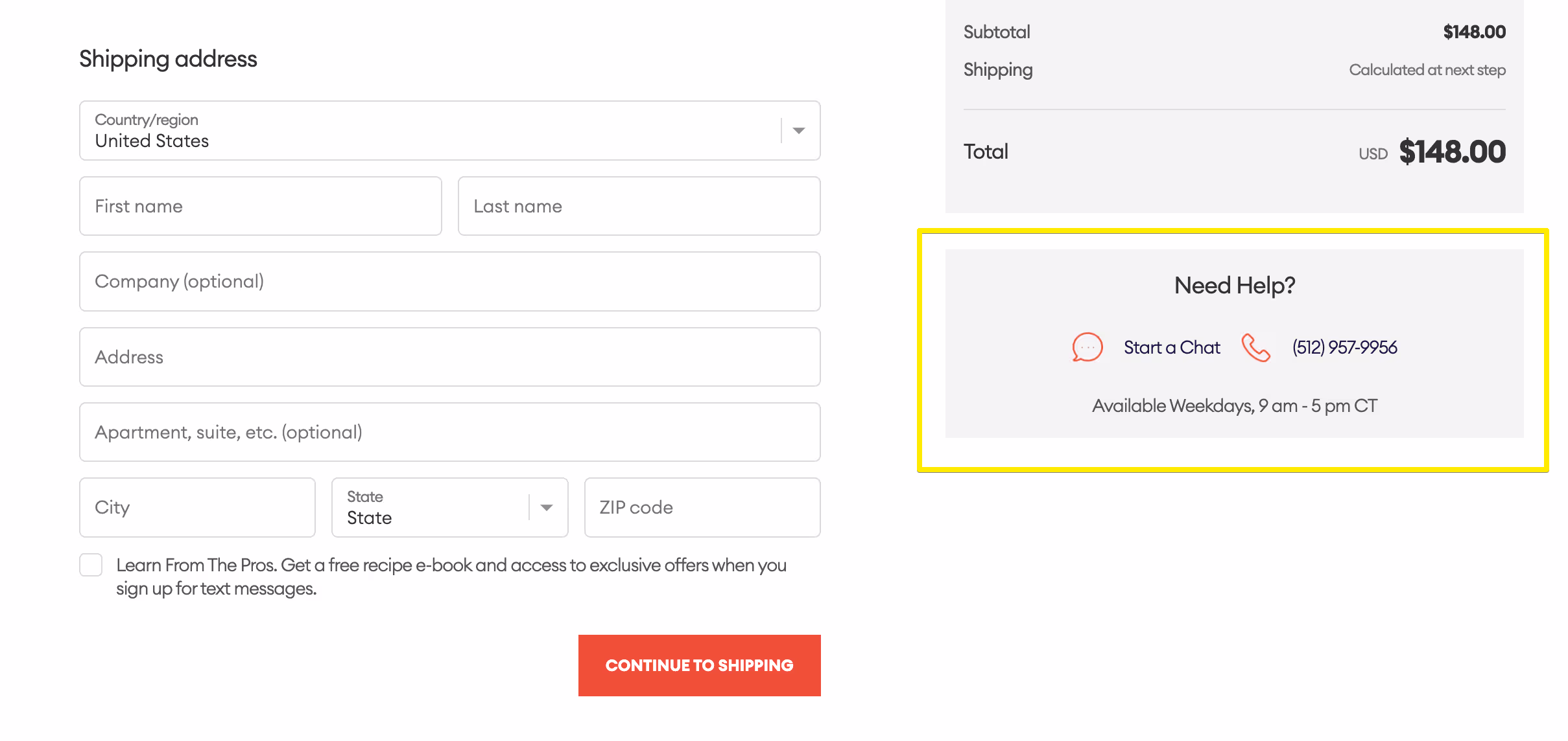 Contact details on the checkout page