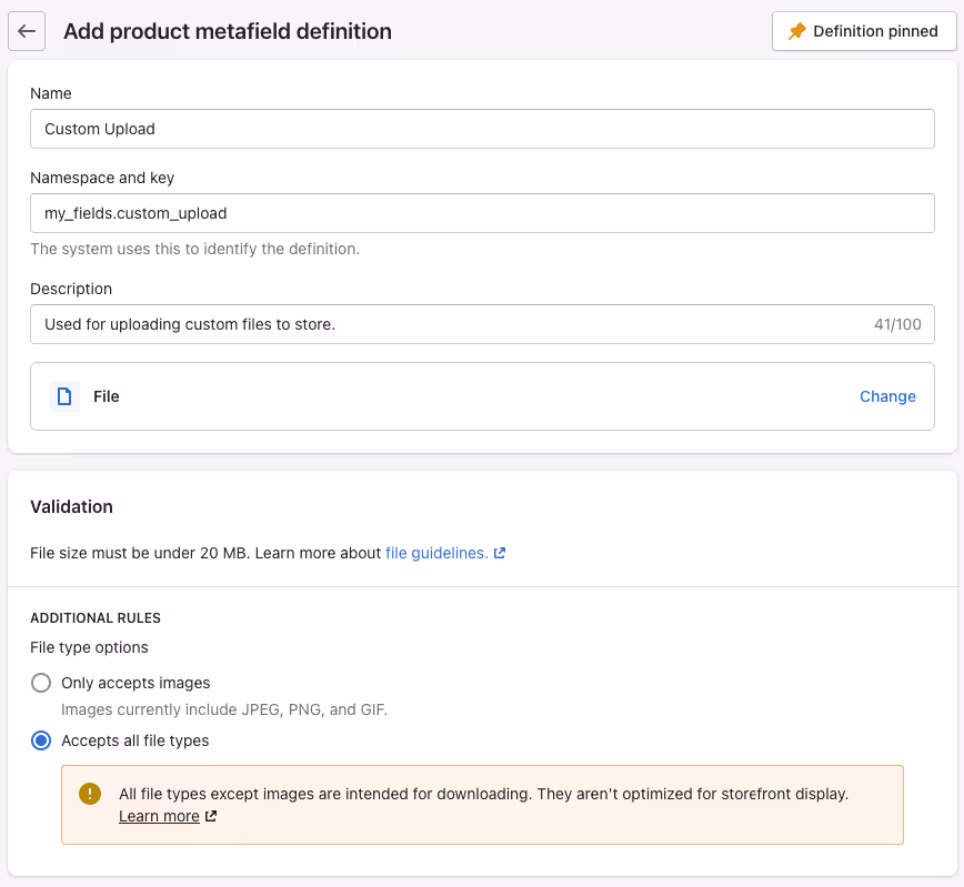 Uploading custom file via Shopify Metafieds