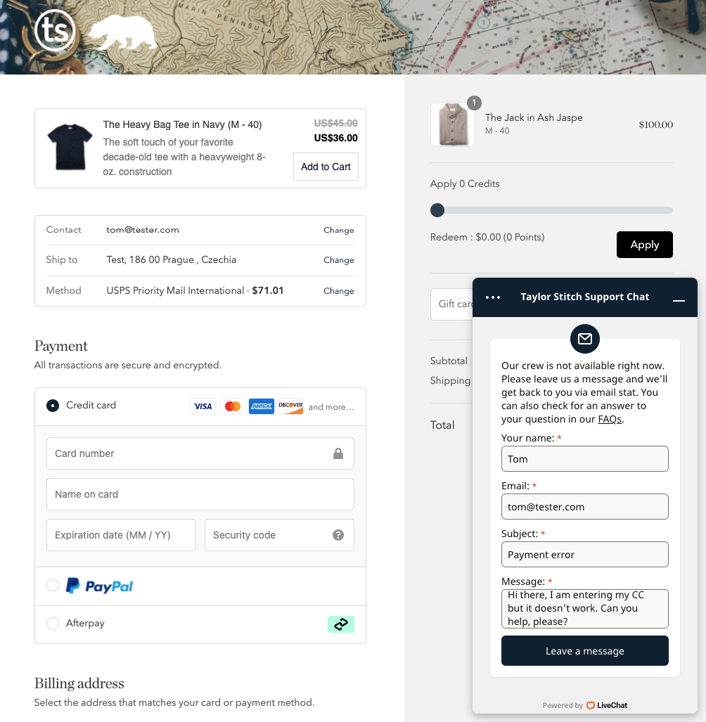 A nice example of integrated online chat widget into the Shopify checkout (taylorstitch.com)