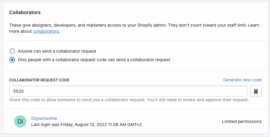 Finding the collaborator request code in store admin
