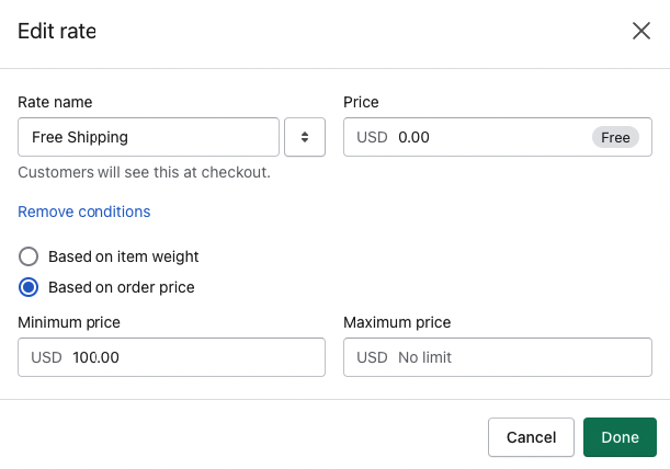 Setting up a free shipping rate in Shopify