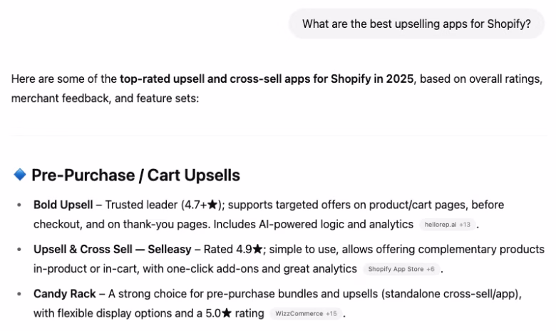 Understanding how ChatGPT 4.1 answering the "best Shopify upsell app" question.