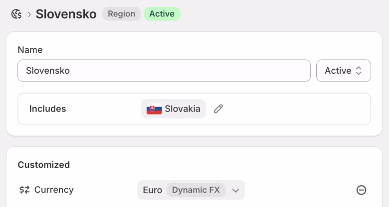 Creating a new Shopify market with a different transactional currency.