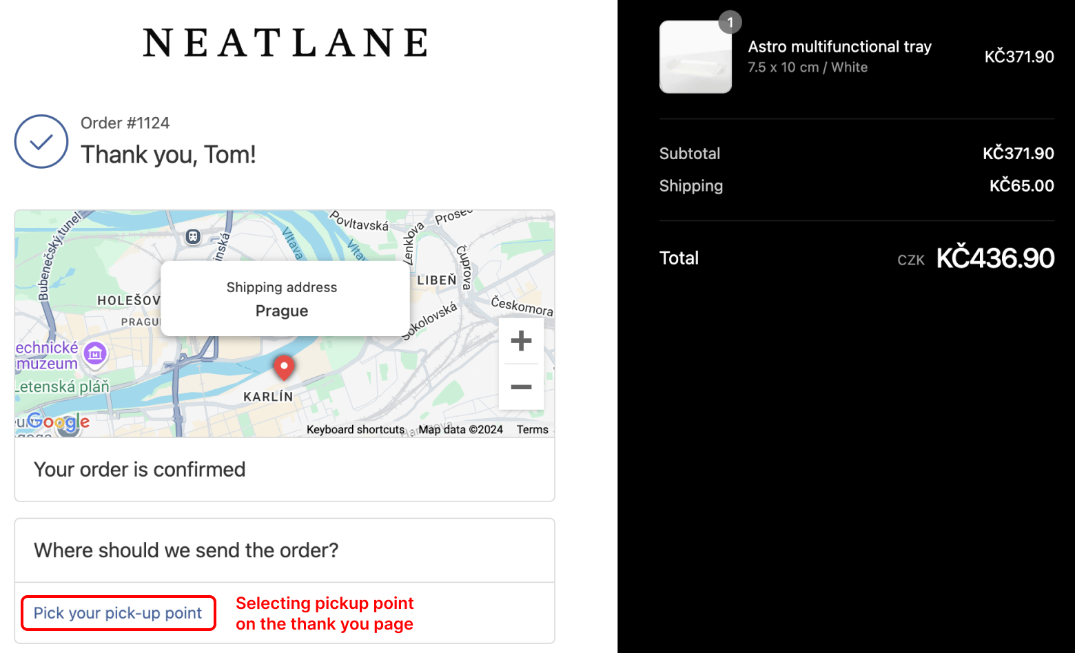 Selecting pickup point on the thank you page is not ideal.