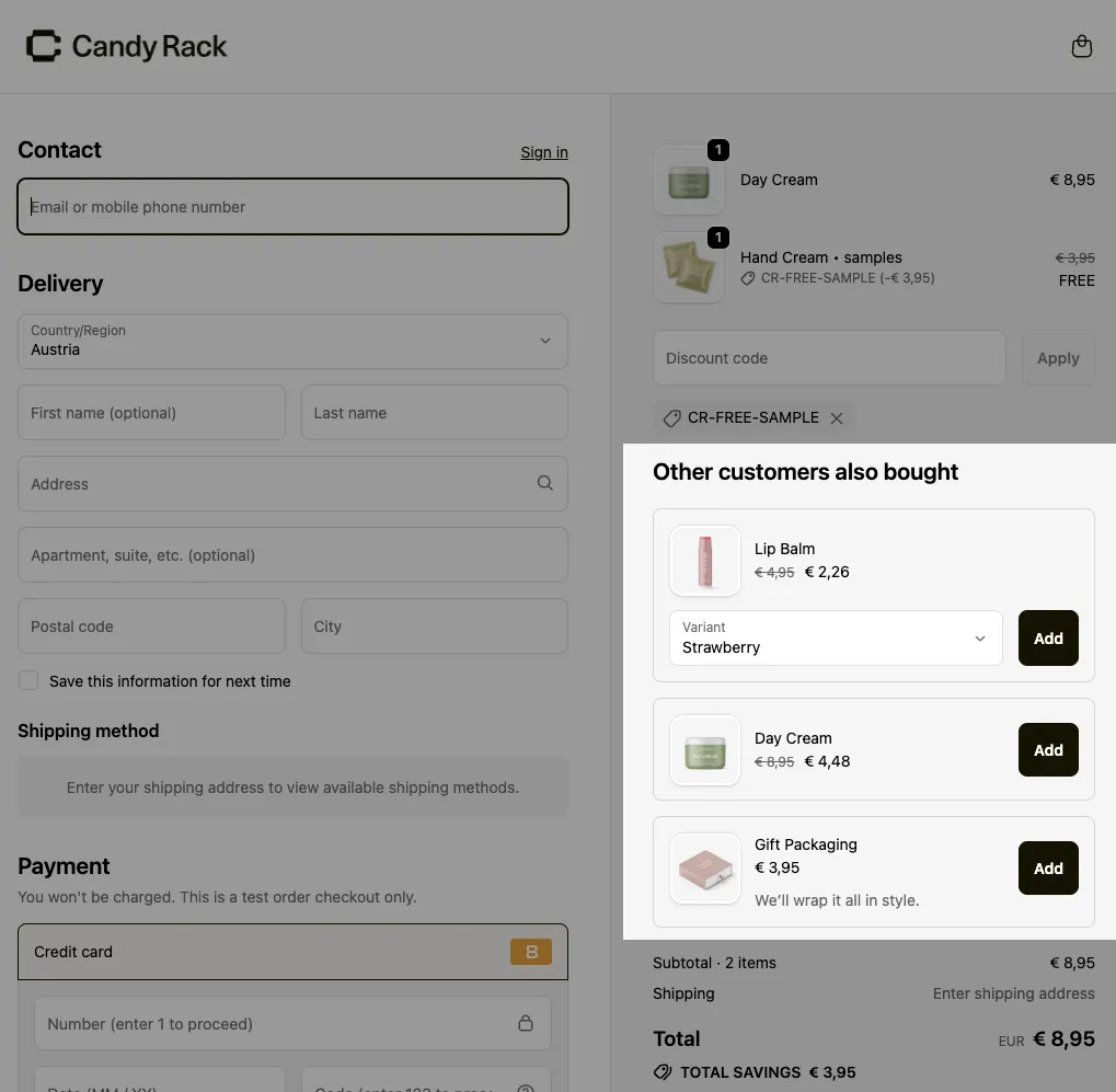 An example of the checkout upsell offers displayed via Candy Rack app.