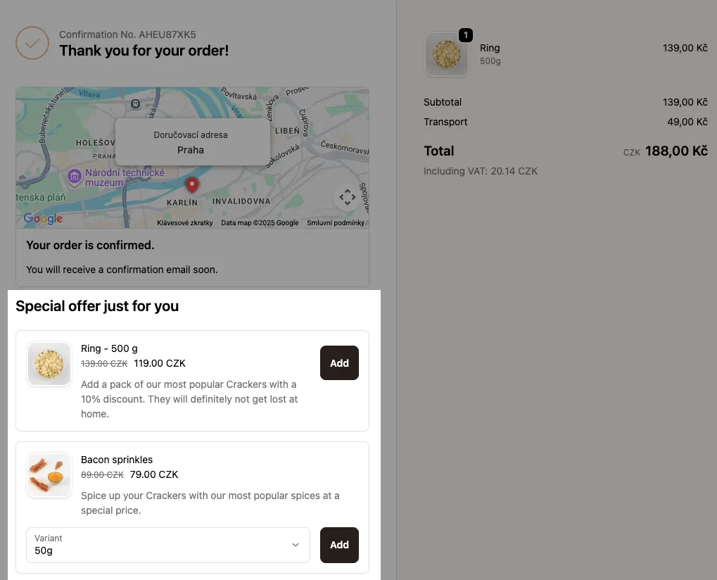 The post-purchase upsell block on the thank-you page.