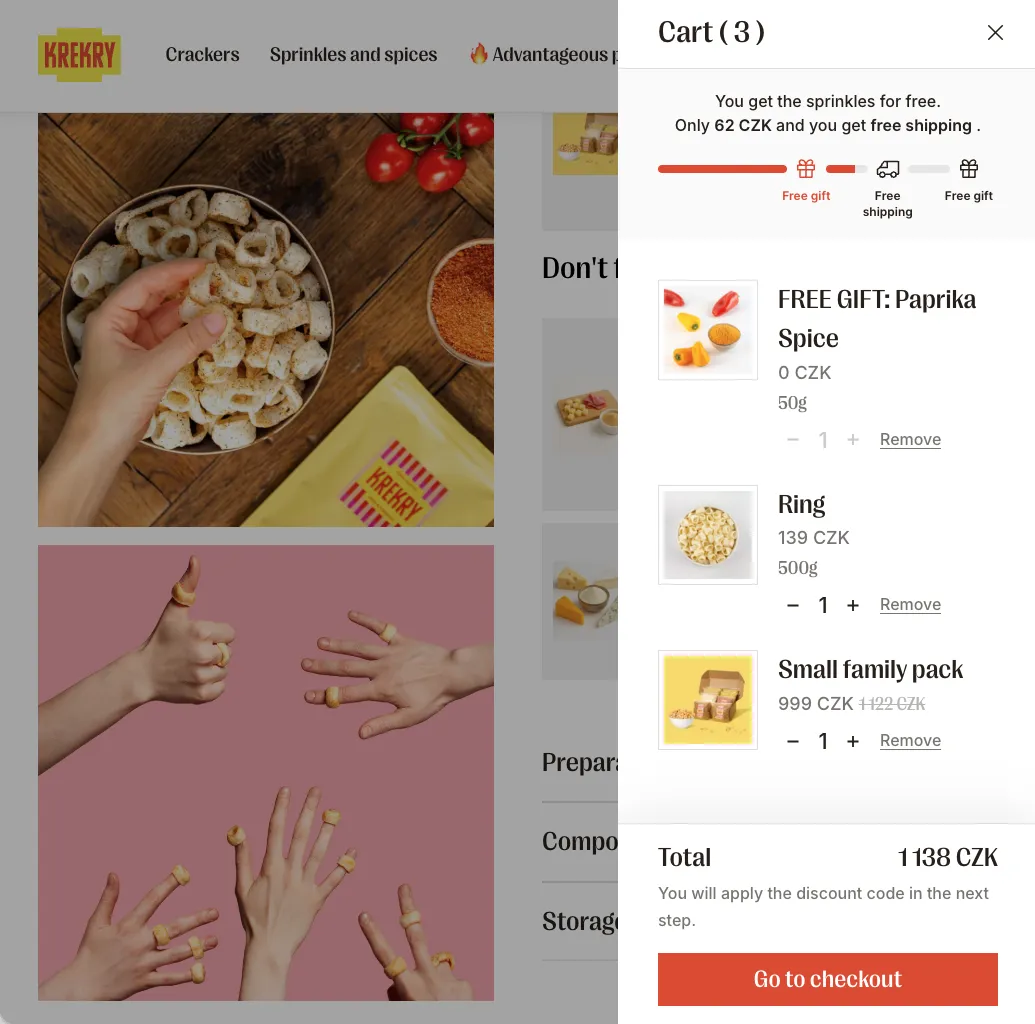 A drawer (slide) cart motivating customers to spend more via free gift tiers.