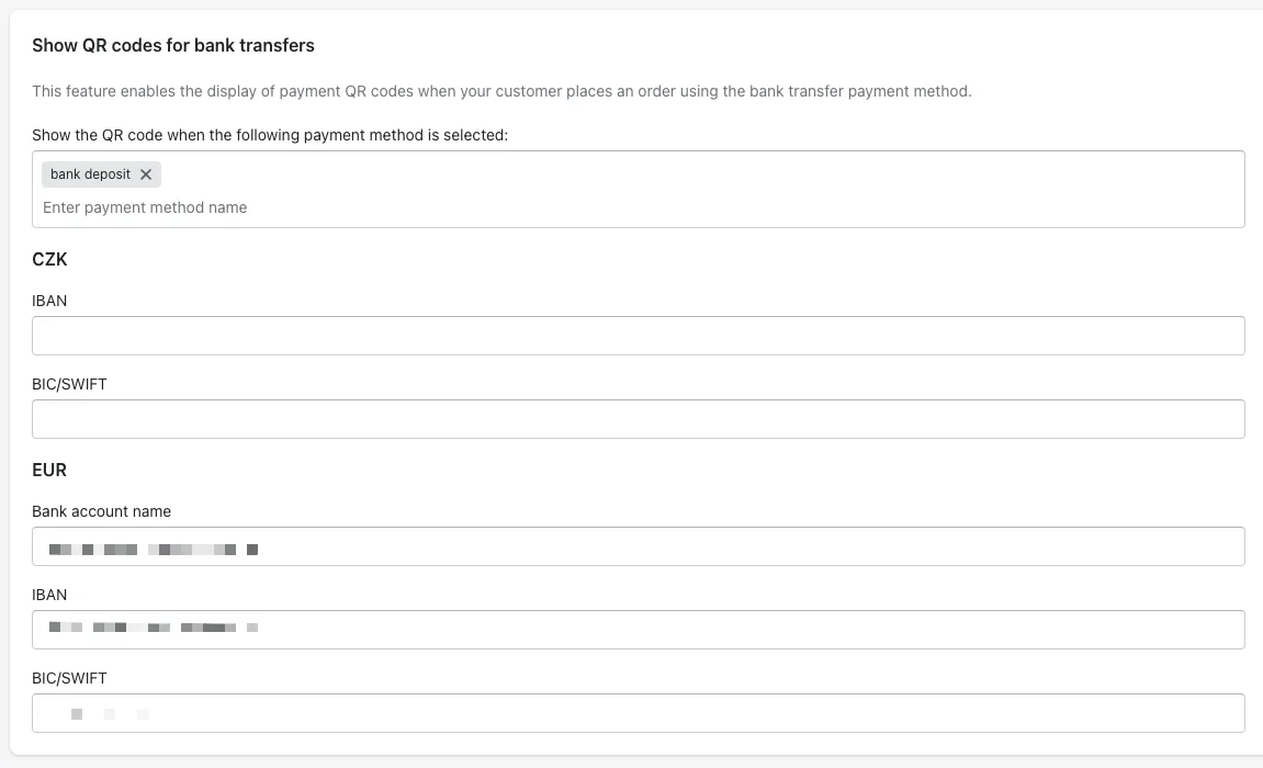 Payster app settings for payments in CZK and EUR.