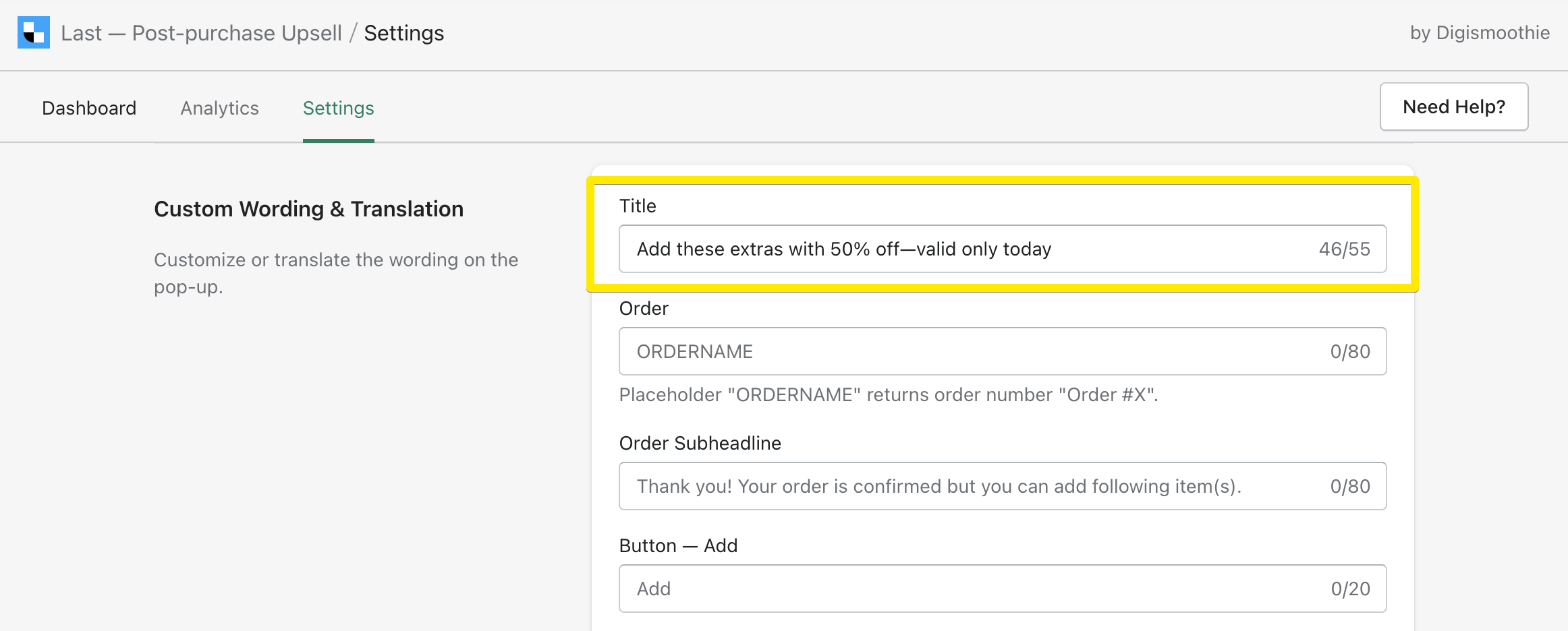 Upsell pop-up customization