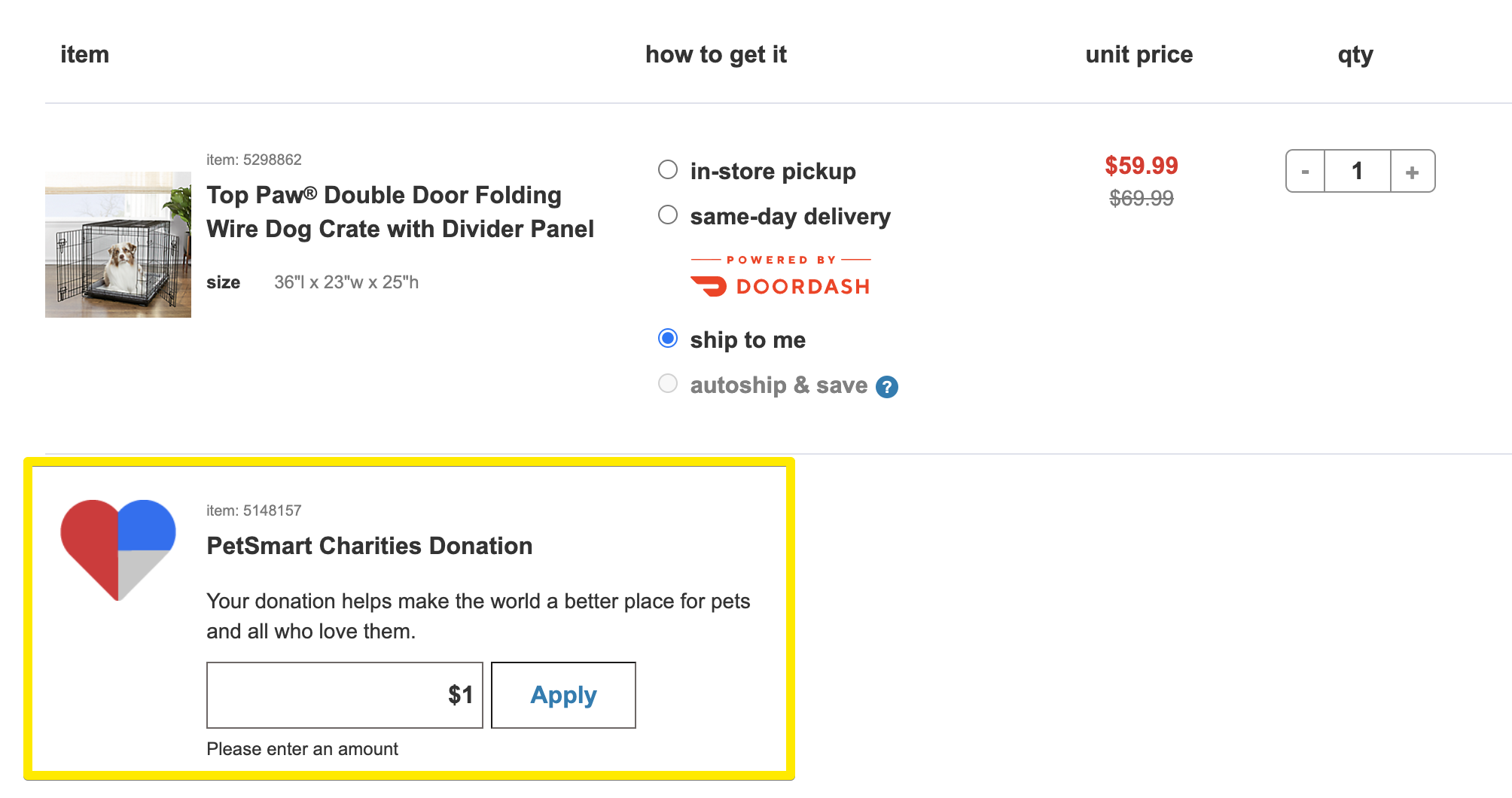 Charity donation option in the cart