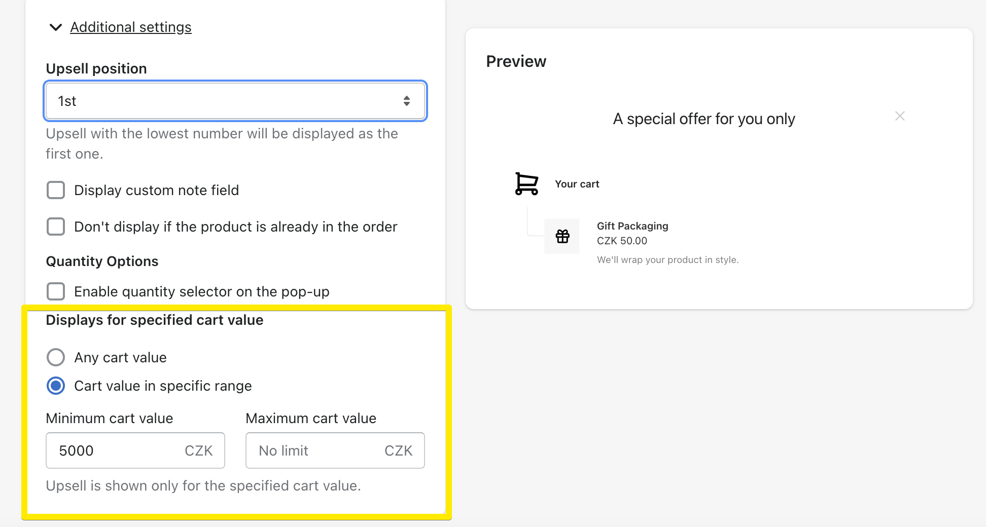 Upsell app settings: specified cart value