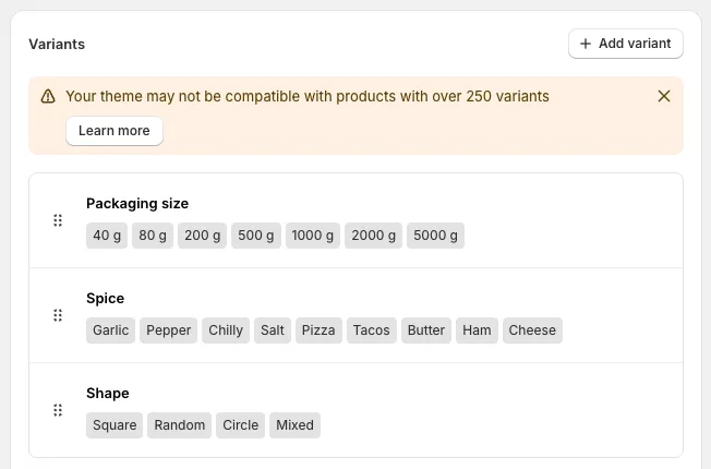 An example of Shopify product with 252 variants.