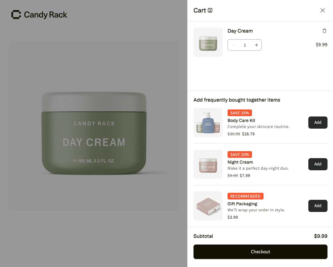 New slide cart feature in Candy Rack with built-in upsell offers.