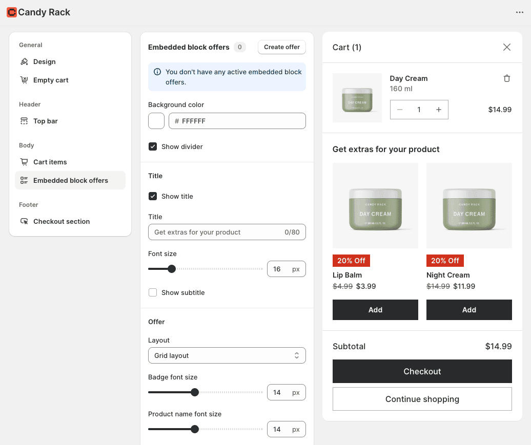 Cart upsell settings in the Candy Rack app.