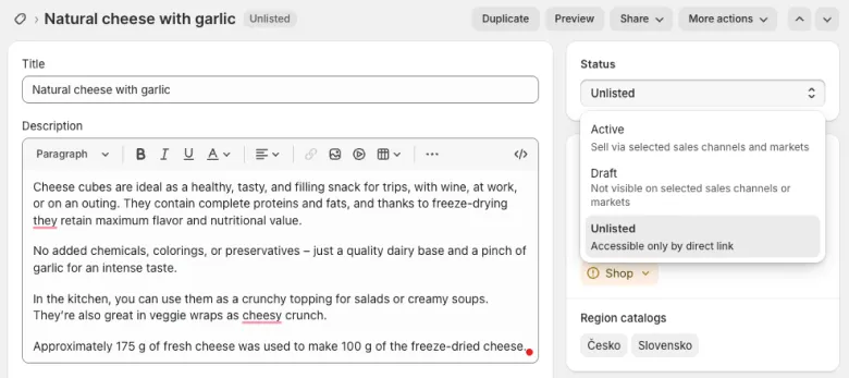 An example of the Shopify unlisted product.