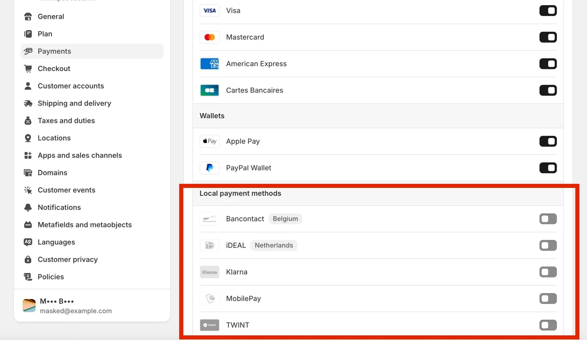 Enabling local payment methods in Shopify.