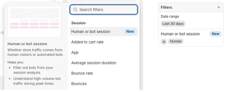 Filtering out bot traffic in Shopify reports via filter.
