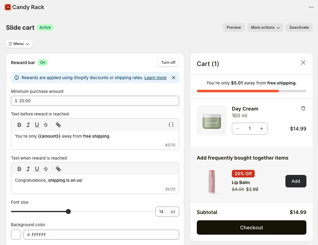 Candy Rack's slide cart admin settings.