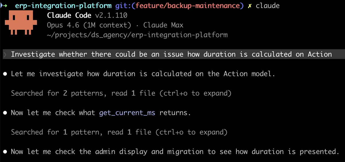 Claude Code in action — investigating a duration calculation issue in our ERP integration platform directly from the terminal.