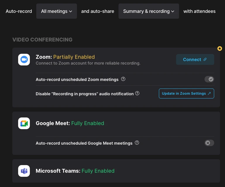 Fathom set up to auto-record and summarize meetings across Zoom, Google Meet, and Teams so our PMs can focus on the conversation.