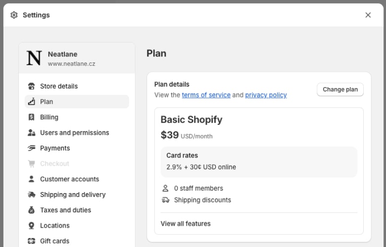 Réglages du plan Shopify Basic dans l'admin