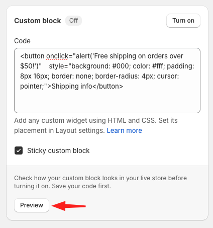Previewing custom block.