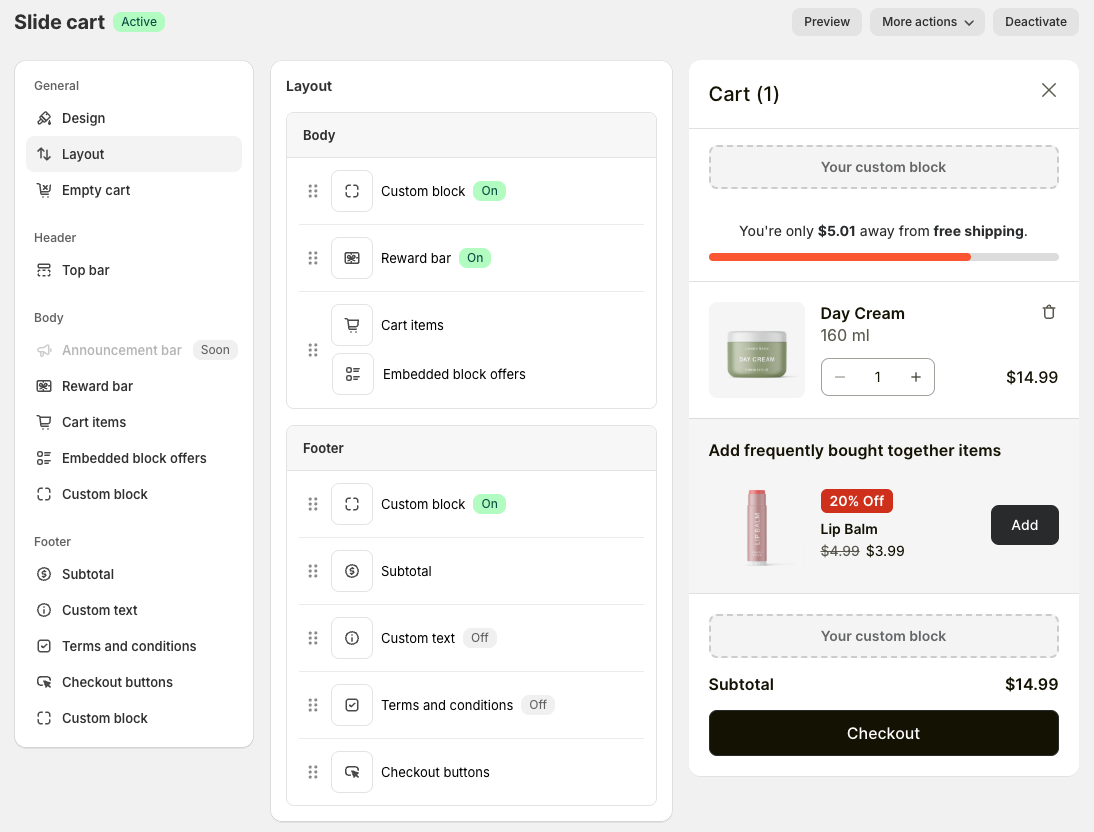 Custom blocks are placed in the body and in the footer.