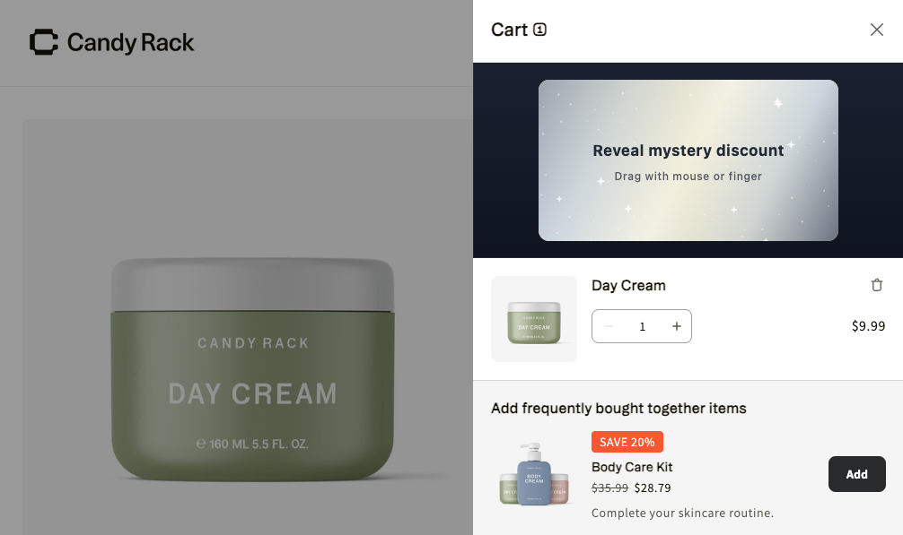 Beispiel einer Rubbelkarte im Candy-Rack-Cart-Drawer via Custom Block.