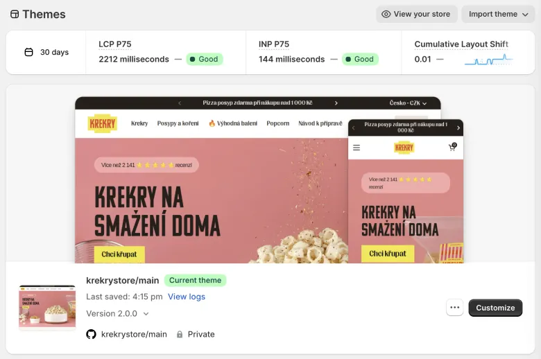 Mesures Core Web Vitals dans la section Thèmes de Shopify