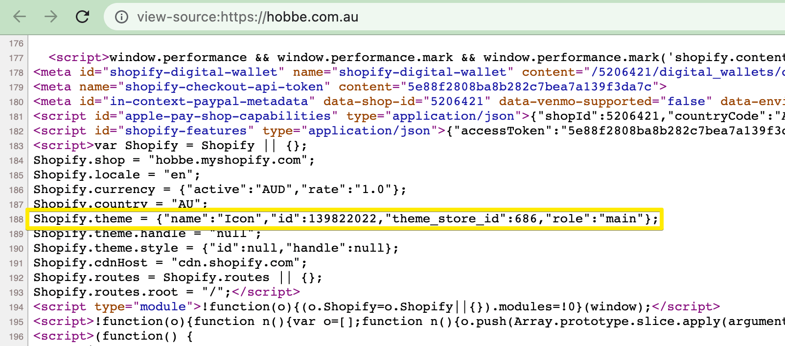 Identifiant du thème Shopify visible dans le code source