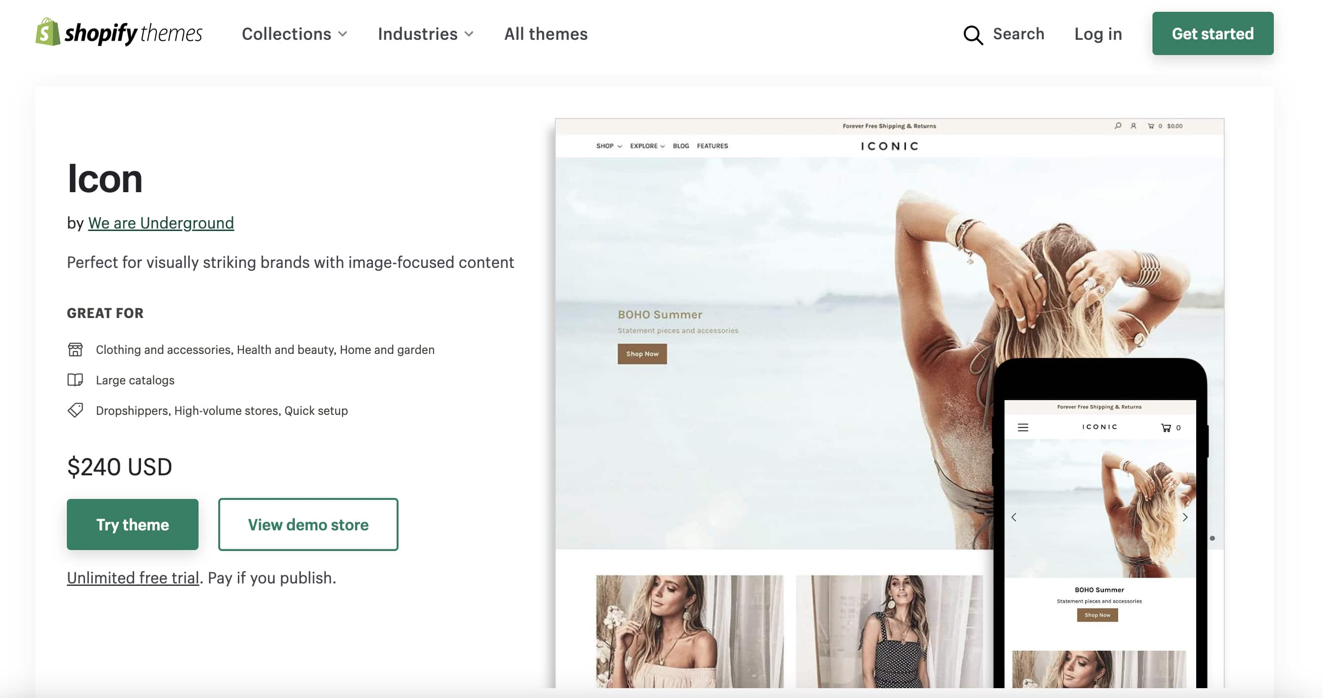 Page de détails d'un thème dans la boutique de thèmes Shopify