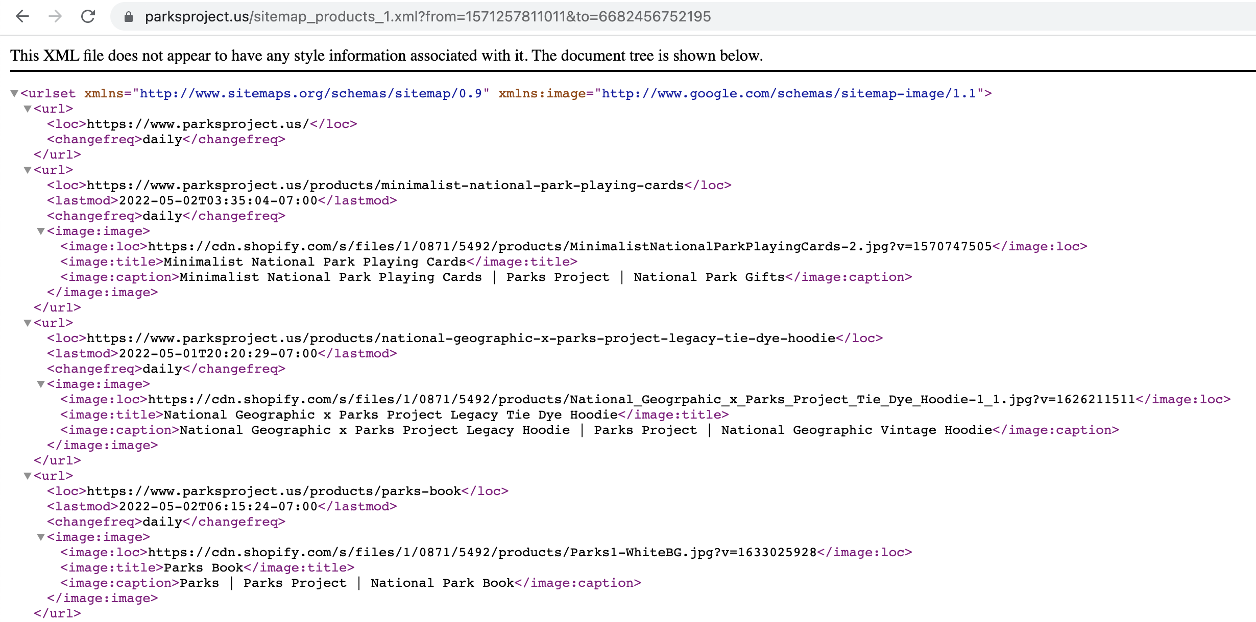 Exemple de sitemap d'images Shopify