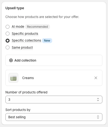 Selecting a collection as the upsell type in the Candy Rack offer editor.