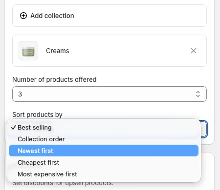 Sort options for products pulled from a collection: bestselling, collection order, newest first, cheapest first, and most expensive first.
