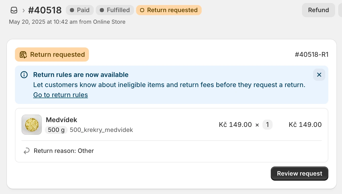 Approving the request in the Shopify admin from the merchant's perspective.