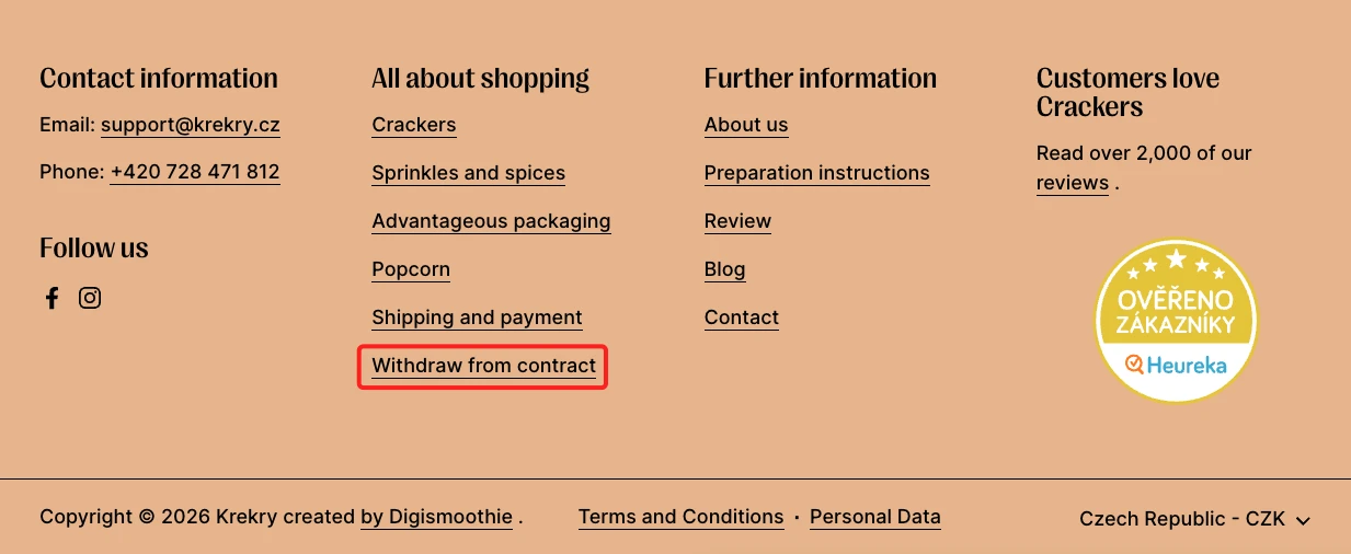 An example of the withdrawal button placed in the website footer.
