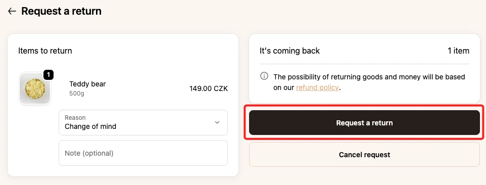 Submitting a withdrawal request from the customer's perspective.